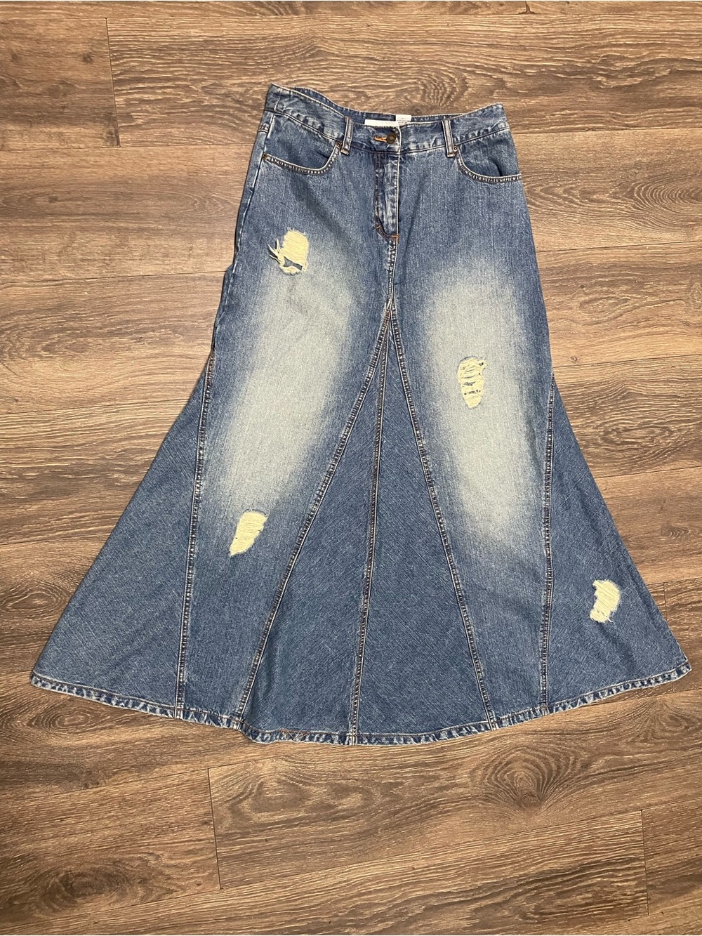 Jeanology Vintage Distressed Blue A-Line Women’s Jean Denim long Maxi Skirt 10